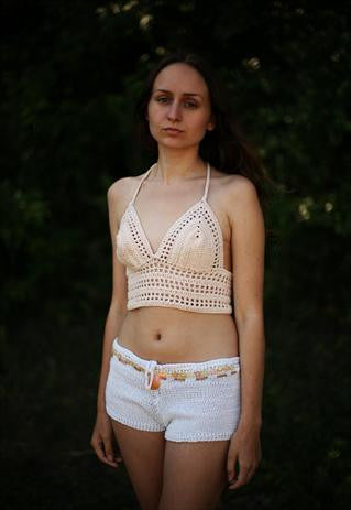 70's style light grey crochet bralet top